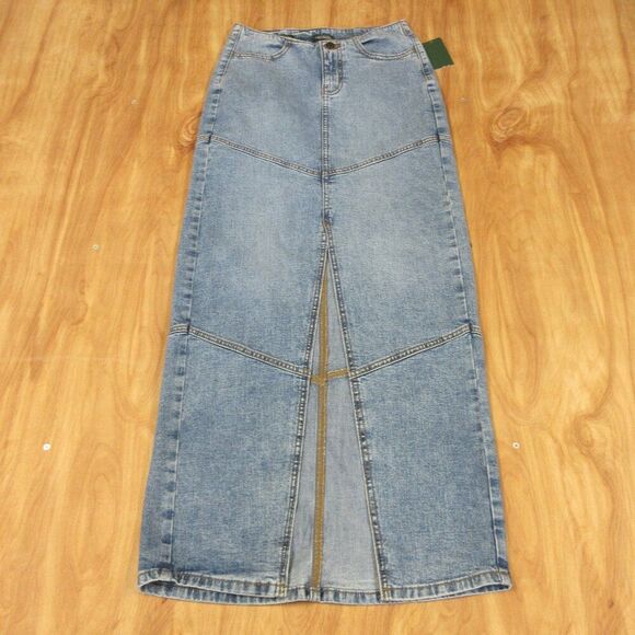 WILD FABLE Mid-Rise Chevron Denim Maxi Skirt Sz 00 Long Blue Jean Slit Skirt NWT - Picture 2 of 12